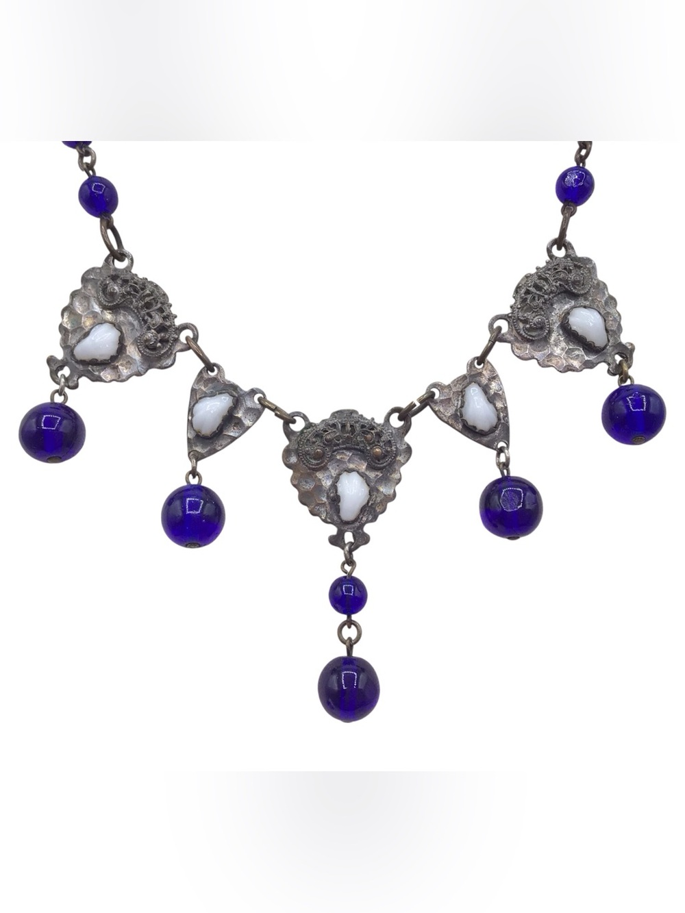 Vintage Czechoslovakian Blue Glass Bead Necklace Silver Tone Filigree Dangles